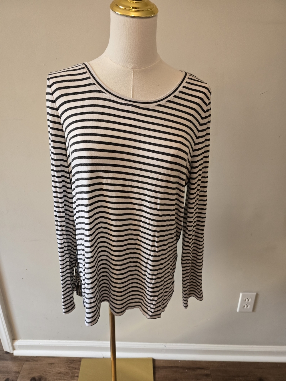 Skies Are Blue Black and White Striped Long Sleeve Top With Jewled Accents